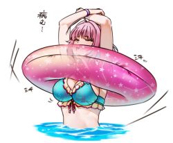 Rule 34 | 1girl, ahoge, arms up, bikini, blue bikini, blue hair, bracelet, breasts, cleavage, front-tie bikini top, front-tie top, idolmaster, idolmaster cinderella girls, inconvenient breasts, innertube, jewelry, kakaobataa, multicolored hair, partially submerged, pink eyes, pink hair, pout, short hair, solo, swim ring, swimsuit, two-tone hair, water, yumemi riamu