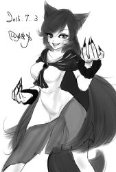 Rule 34 | 1girl, animal ears, artist name, blush, breasts, brooch, collarbone, dated, dress, eyelashes, fang, female focus, fighting stance, greyscale, grin, highres, imaizumi kagerou, jewelry, large breasts, long hair, long sleeves, looking at viewer, monochrome, shinomiya naka, slit pupils, smile, solo, tail, touhou, very long fingernails, wolf ears, wolf tail