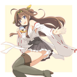 Rule 34 | 10s, 1girl, :d, ahoge, bare shoulders, black skirt, boots, brown hair, cup, detached sleeves, double bun, frilled skirt, frills, hairband, headgear, japanese clothes, kantai collection, kongou (kancolle), kugui kiyunemu, lace, lace-trimmed legwear, lace trim, long hair, looking at viewer, nontraditional miko, open mouth, outstretched hand, panties, pantyshot, pleated skirt, purple eyes, ribbon-trimmed sleeves, ribbon trim, skirt, smile, solo, teacup, thigh boots, thighhighs, underwear, white panties