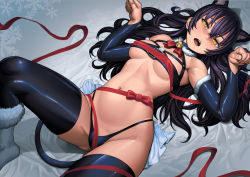 Rule 34 | 1girl, animal ears, armpits, bare shoulders, bed sheet, bell, belt bra, black choker, black hair, black panties, black thighhighs, blush, boots, bow, bowtie, breasts, breasts apart, cameltoe, cat ears, cat tail, character request, choker, commentary, copyright request, detached sleeves, fingernails, fur boots, fur trim, grey background, hair spread out, highleg, highleg panties, jingle bell, knee up, lasterk, long hair, looking at viewer, lying, medium breasts, navel, on back, open mouth, panties, paw pose, red bow, red bowtie, red ribbon, ribbon, snowflakes, solo, tail, thighhighs, underwear, yellow eyes