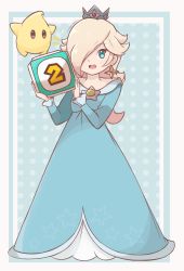 Rule 34 | 1girl, :d, aqua dress, blonde hair, blue eyes, border, chocomiru, commentary, crown, dice, dress, earrings, english commentary, full body, hair over one eye, happy, highres, holding dice, jewelry, long hair, long sleeves, looking at viewer, luma (mario), mario (series), mario party, nintendo, notice lines, one eye covered, open mouth, polka dot, polka dot background, rosalina, smile, sparkle, standing, star (symbol), star earrings, super mario galaxy, super mario party, tiara, white border