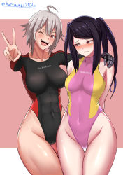 Rule 34 | 2girls, abs, absurdres, ahoge, arms behind back, black hair, black one-piece swimsuit, breasts, commentary, commentary request, competition swimsuit, covered navel, cowboy shot, dana zane, english commentary, highleg, highleg swimsuit, highres, jill stingray, katsuragi nantoka, large breasts, long hair, long sleeves, medium breasts, mixed-language commentary, multiple girls, one-piece swimsuit, pink background, pink one-piece swimsuit, red eyes, short hair, silver hair, swimsuit, turtleneck, twintails, twitter username, v, va-11 hall-a