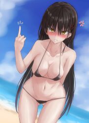 Rule 34 | 1girl, anger vein, angry, arm behind back, armpit crease, bare arms, bikini, black bikini, black hair, blue sky, blush, breasts, cafe stella to shinigami no chou, cleavage, clenched teeth, collarbone, commentary request, cowboy shot, curvy, day, earrings, embarrassed, gluteal fold, hair between eyes, hair ornament, hairclip, hand up, highres, jewelry, large breasts, leaning forward, long hair, looking at viewer, micro bikini, middle finger, midriff, mkn yu, mole, mole under eye, navel, nose blush, notice lines, outdoors, shiki natsume, sky, solo, standing, stomach, straight hair, stud earrings, swimsuit, tears, teeth, thighs, tsurime, very long hair, water, yellow eyes