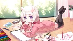 Rule 34 | 1girl, animal ears, bad id, bad pixiv id, black thighhighs, bow, close-up, collarbone, colored pencil, commission, drawing, eraser, flower, full body, hair bow, hair flower, hair ornament, highres, holding, holding pencil, hood, hood down, hoodie, legs up, long hair, long sleeves, low twintails, lying, mechuragi, no shoes, on floor, on stomach, original, pencil, pencil case, pink flower, pink hoodie, plant, potted plant, purple eyes, red bow, silver hair, soles, solo, thighhighs, twintails, window, wooden floor