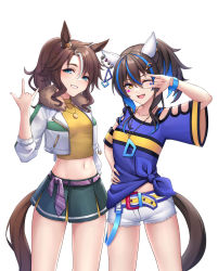 Rule 34 | 2girls, ;d, \m/, animal ears, blue eyes, blue hair, blue shirt, breasts, brown eyes, brown hair, collarbone, commentary request, covered collarbone, crop top, cropped jacket, daitaku helios (umamusume), ear piercing, fang, fur-trimmed jacket, fur trim, green skirt, hair between eyes, hair ornament, hairclip, hand on own hip, hand up, highres, horse ears, horse girl, horse tail, jacket, long sleeves, mejiro palmer (umamusume), midriff, multicolored hair, multiple girls, navel, one eye closed, open clothes, open jacket, open mouth, piercing, pleated skirt, ponytail, shirt, short shorts, short sleeves, shorts, side-tie shirt, simple background, skirt, small breasts, smile, standing, star (symbol), star hair ornament, streaked hair, tail, tied shirt, umamusume, white background, white hair, white jacket, white shorts, wide sleeves, yellow shirt, ym (distance819)