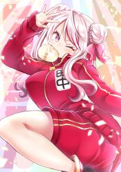 Rule 34 | 1girl, baozi, braid, chinese clothes, commentary, double bun, food, food in mouth, hair bun, hair ribbon, hand up, highres, hime channel, jacket, kamiya zuzu, leg up, long sleeves, multicolored hair, name tag, one eye closed, pink hair, pink ribbon, red hair, red shorts, red track suit, ribbon, shorts, sleeves past wrists, solo, streaked hair, tanaka hime, track jacket, track suit, virtual youtuber