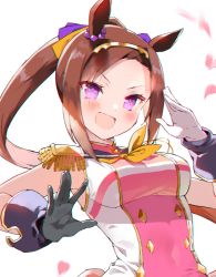 Rule 34 | &gt;:), 1girl, :d, animal ears, asymmetrical bangs, asymmetrical gloves, bow, bowtie, breasts, brown hair, chromatic aberration, collared shirt, commentary request, cropped, ear ornament, epaulettes, fighting stance, flower-shaped pupils, glove cuffs, gloves, gold trim, hair bow, hairband, highres, horse ears, horse girl, koba, long hair, looking at viewer, medium breasts, mismatched gloves, neck ribbon, open mouth, petals, pink eyes, pink shirt, ponytail, ribbon, sakura bakushin o (umamusume), shirt, short sleeves, sidelocks, simple background, smile, solo, symbol-shaped pupils, tabard, umamusume, upper body, very long hair, white background, white gloves, yellow hairband, yellow neckwear