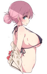Rule 34 | 1girl, bikini, blush, bocchi the rock!, breasts, covered erect nipples, cropped torso, gotoh michiyo, green eyes, hair bun, halterneck, highres, large breasts, looking at viewer, mature female, mel (melty pot), pink hair, sideboob, simple background, single hair bun, solo, swimsuit, underboob, undressing, wet, white background