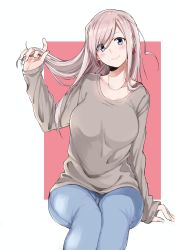 Rule 34 | 1girl, absurdres, alternate hairstyle, amu (258shin), blush, closed mouth, denim, earrings, eyes visible through hair, fate/grand order, fate (series), hair between eyes, hair down, hand in own hair, highres, jeans, jewelry, long hair, long sleeves, looking at viewer, miyamoto musashi (fate), pants, pink background, pink hair, sitting, smile, solo