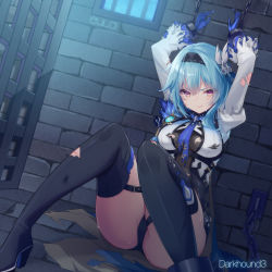 Rule 34 | 1girl, arms up, artist name, ass, black footwear, black hairband, blue gloves, blue hair, blue necktie, boots, brick, brown eyes, center opening, chain, chained, character name, dark hound 3, dutch angle, eula (genshin impact), genshin impact, gloves, hairband, highres, indoors, long sleeves, looking at viewer, necktie, prison cell, restrained, shirt, sitting, solo, thighhighs, torn clothes, torn necktie, torn shirt, torn thighhighs, vision (genshin impact), window