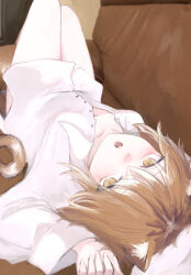 Rule 34 | 1girl, absurdres, animal ear fluff, animal ears, breasts, brown eyes, brown hair, cat ears, cat girl, cat tail, couch, highres, light brown hair, long sleeves, looking at viewer, lying, multicolored hair, naked shirt, no pants, on back, on couch, open mouth, original, partially unbuttoned, shirt, short hair, small breasts, suzukano pon, tail, two-tone hair, white shirt