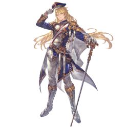 Rule 34 | 1boy, aglovale (granblue fantasy), armor, blonde hair, cane, gloves, granblue fantasy, hat, holding, holding cane, long hair, looking at viewer, male focus, military, military uniform, minaba hideo, official art, peaked cap, solo, transparent background, uniform, white gloves