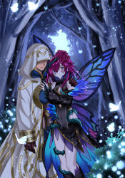 Rule 34 | 1boy, 1girl, 74, bare shoulders, blue eyes, commission, couple, fairy, fairy wings, fire emblem, fire emblem heroes, forest, hand on another&#039;s shoulder, hetero, highres, hood, hood up, hooded robe, kiran (fire emblem), kiran (male) (fire emblem), nature, nintendo, purple hair, robe, skeb commission, triandra (fire emblem), wings