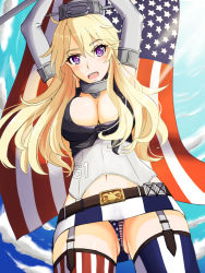 Rule 34 | 10s, 1girl, american flag, american flag panties, american flag print, bad id, bad pixiv id, blonde hair, blush, breasts, chemi, cleavage, elbow gloves, flag print, from below, garter straps, gloves, hat, iowa (kancolle), kantai collection, large breasts, long hair, looking at viewer, midriff, miniskirt, navel, open mouth, panties, pantyshot, print panties, purple eyes, skirt, solo, star-shaped pupils, star (symbol), symbol-shaped pupils, thighhighs, underwear