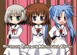 Rule 34 | 3girls, arms behind back, blue eyes, blue hair, blush stickers, brown hair, cover, cover page, crossed arms, fang, green eyes, hair ribbon, hands on own hips, long sleeves, lyrical nanoha, mahou shoujo lyrical nanoha, mahou shoujo lyrical nanoha a&#039;s, mahou shoujo lyrical nanoha a&#039;s portable: the battle of aces, lord dearche, levi the slasher, stern the destructor, multicolored hair, multiple girls, open mouth, purple eyes, red ribbon, regiru, ribbon, school uniform, silver hair, twintails, two-tone hair