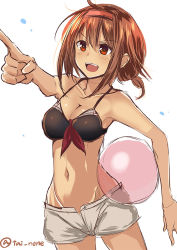 Rule 34 | 10s, 1girl, ahoge, bad id, bad pixiv id, bikini, bikini top only, breasts, brown hair, cleavage, cowboy shot, hair ornament, hairband, kantai collection, open mouth, pointing, red hairband, shiratsuyu (kancolle), short hair, short shorts, shorts, simple background, sketch, solo, swimsuit, tai (nazutai), tan, twintails, twitter username, unbuttoned, water balloon