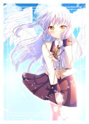 Rule 34 | 1girl, absurdres, angel, angel beats!, angel wings, artist name, blue background, blush, border, brown skirt, closed mouth, commentary request, cowboy shot, eyelashes, feathered wings, floating clothes, floating hair, frilled skirt, frills, hair between eyes, hair ribbon, hand up, happy, highres, jacket, light particles, long hair, long sleeves, looking at viewer, miniskirt, neck ribbon, pleated skirt, ribbon, school uniform, shirt, short ponytail, simple background, skirt, smile, solo, standing, tachibana kanade, very long hair, white border, white hair, white shirt, white wings, wind, wind lift, wings, yaki-ayato, yellow eyes, yellow jacket
