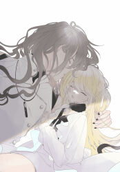 Rule 34 | 1boy, 1girl, absurdres, age difference, bishounen, black nails, blonde hair, blush, brooch, closed eyes, couple, dress, fur collar, grey hair, hetero, highres, hug, jacket, jewelry, long hair, msa (fary white), necklace, open mouth, original, simple background, smile, upper body, wavy hair, white background, white dress, white jacket