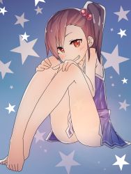 Rule 34 | 1girl, bare shoulders, barefoot, blue background, blush, brown eyes, brown hair, dress, futami mami, grin, hair bobbles, hair ornament, hands on own knees, idolmaster, idolmaster (classic), laki, looking at viewer, short hair, side ponytail, sitting, skirt, smile, solo, star (symbol)