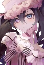 Rule 34 | 1boy, black gloves, blue eyes, bow, bowtie, choker, ciel phantomhive, ciel phantomhive (robin dress), closed mouth, crossdressing, dress, flower, frilled choker, frilled dress, frills, gloves, hair between eyes, hat, head wreath, heterochromia, highres, kuroshitsuji, light blush, looking at viewer, male focus, neck ribbon, nrm ron, pink choker, pink eyes, pink flower, pink hat, pink ribbon, ribbon, sidelocks, simple background, solo, striped bow, striped bowtie, striped clothes, trap, twintails, white background, white bow