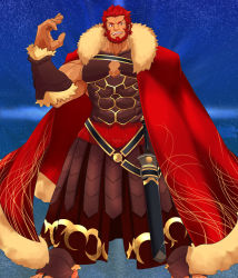 Rule 34 | 1boy, armor, armored skirt, bara, beard, belt, biceps, blue background, cape, chest armor, chest belt, chest plate, dust, facial hair, fate/grand order, fate (series), frown, gauntlets, gladius, hand up, iskandar (fate), karakuraax, large pectorals, long skirt, male focus, mature male, muscular, muscular male, open mouth, pectoral cleavage, pectorals, red eyes, red hair, sandals, scabbard, sheath, skirt, smile, solo, spiked hair, sword, tan, teeth, thick arms, thick eyebrows, tongue, veins, veiny arms, weapon