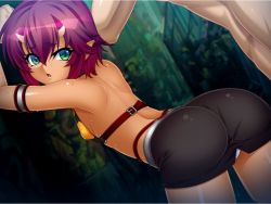 Rule 34 | 00s, 1boy, 1girl, ass, back, bare shoulders, bent over, black skirt, breasts, buckle, clothed female nude male, demon girl, eyebrows, game cg, green eyes, head out of frame, hetero, horns, kagami hirotaka, kureha (taimanin asagi), lilith-soft, looking at viewer, looking back, nude, oni, outdoors, panties, pantyshot, parted lips, pencil skirt, pointy ears, purple hair, shiny skin, short eyebrows, short hair, skirt, small breasts, solo focus, sweat, tagme, taimanin (series), taimanin asagi, taimanin asagi kessen arena, underwear, white panties