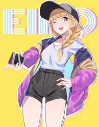 Rule 34 | 1girl, :d, absurdres, baseball cap, black hat, black shorts, blonde hair, blue eyes, blush, braid, cellphone, female focus, gar32, hair over shoulder, hat, high-waist shorts, highres, holding, holding phone, jacket, looking at viewer, one eye closed, open clothes, open jacket, open mouth, paripi koumei, phone, purple jacket, shirt, short shorts, shorts, smartphone, smile, solo, standing, tsukimi eiko, white shirt, yellow background