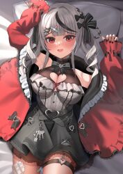 Rule 34 | 1girl, absurdres, bandaid, bandaid hair ornament, bare shoulders, breasts, cleavage, cleavage cutout, clothing cutout, coat, grey hair, hair ornament, highres, hololive, holox, looking at viewer, lying, medium breasts, multicolored hair, open clothes, open mouth, red eyes, sakamata chloe, sakamata chloe (jirai kei), solo, streaked hair, two-sided coat, two-sided fabric, virtual youtuber, yuutii