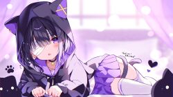 Rule 34 | 1girl, :&lt;, animal ears, animal hood, bandage over one eye, bell, black hair, black hoodie, blunt bangs, blurry, blurry background, blush, cat ears, cat hood, commentary, commission, feet out of frame, heart, highres, hood, hoodie, indie virtual youtuber, kurose kiri, long sleeves, looking at viewer, lying, neck bell, on side, open mouth, paw print, purple background, purple eyes, purple skirt, shirt, short hair, skeb commission, skirt, solo, stuffed animal, stuffed cat, stuffed toy, suisei 1121, tail, tail around own leg, thighhighs, virtual youtuber, white shirt, white thighhighs