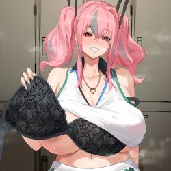 Rule 34 | 1girl, absurdres, aji (sakanaaj1), areola slip, azur lane, black bra, bra, breasts, bremerton (azur lane), bremerton (scorching-hot training) (azur lane), crop top, crop top overhang, heart, heart necklace, highres, holding, holding bra, holding clothes, holding underwear, huge breasts, jewelry, lace, lace-trimmed bra, lace trim, looking at viewer, multicolored hair, necklace, official alternate costume, pink hair, red eyes, removing bra, shirt, sleeveless, sleeveless shirt, smile, sportswear, strap slip, streaked hair, sweat, tennis uniform, twintails, two-tone shirt, underwear, upper body