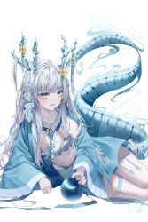 Rule 34 | 1girl, blue eyes, blue flower, blue horns, blue tail, blush, breasts, cleavage, commentary, dragon girl, dragon horns, dragon tail, flower, grey hair, hair flower, hair ornament, highres, horn ornament, horns, long hair, long sleeves, looking at viewer, midriff, navel, open mouth, original, pointy ears, ruda (ruda e), smile, solo, symbol-only commentary, tail, tassel, wide sleeves