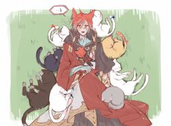 Rule 34 | ..., 1boy, :o, cat, cloak, crystal exarch, final fantasy, final fantasy xiv, g&#039;raha tia, hood, hooded cloak, looking at viewer, lying, male focus, material growth, miqo&#039;te, on back, on grass, open mouth, red eyes, red hair, solo, spoken ellipsis, tladpwl03, too many, too many cats, wide-eyed