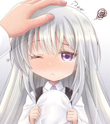 Rule 34 | 1girl, ;(, azur lane, blush, closed mouth, collared shirt, commander (azur lane), commentary request, hair between eyes, hat, headpat, holding, holding clothes, holding hat, little enterprise (azur lane), long hair, long sleeves, looking at viewer, lower body, military hat, mirun (funimani), nose blush, overall skirt, partial commentary, peaked cap, purple eyes, shirt, sidelocks, signature, silver hair, simple background, solo focus, squiggle, standing, unworn hat, unworn headwear, very long hair, white background, white headwear, white shirt