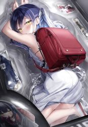Rule 34 | 1girl, absurdres, arms up, backpack, bag, bare arms, blue hair, blush, bound, bound wrists, bow, bowtie, box, closed mouth, cuffs, dress, flute, from behind, full body, hair between eyes, hair ribbon, handcuffs, highres, in box, in container, instrument, leg up, long hair, looking at viewer, lying, on side, one-piece swimsuit, original, ponytail, randoseru, red bow, ribbon, school bag, school swimsuit, shoes, sidelocks, skirt, solo, star (symbol), swimsuit, white dress, white footwear, white skirt, yellow eyes, yunmi 0527