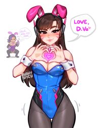 Rule 34 | 1girl, animal ears, animification, bare shoulders, blushyspicy, breasts, brown eyes, brown hair, cleavage, d.va (overwatch), detached collar, english text, facepaint, facial mark, fake animal ears, heart, heart hands, highres, leotard, long hair, looking at viewer, medium breasts, overwatch, pantyhose, playboy bunny, rabbit ears, smile, solo focus, speech bubble, strapless, strapless leotard, whisker markings, wrist cuffs