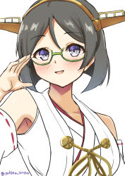 Rule 34 | 1girl, absurdres, adjusting eyewear, black hair, blue eyes, commentary request, detached sleeves, glasses, green-framed eyewear, hairband, headgear, highres, kantai collection, kirishima (kancolle), one-hour drawing challenge, ribbon-trimmed sleeves, ribbon trim, short hair, simple background, smile, solo, twitter username, upper body, white background, yukito kitto