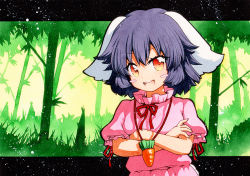 Rule 34 | 1girl, :d, animal ears, bad id, bad pixiv id, bamboo, bamboo forest, black hair, blush stickers, carrot necklace, crossed arms, dress, forest, green background, inaba tewi, jewelry, looking at viewer, multicolored eyes, nature, neck ribbon, necklace, open mouth, orange eyes, outdoors, pink dress, puffy short sleeves, puffy sleeves, qqqrinkappp, rabbit ears, red ribbon, ribbon, short hair, short sleeves, smile, solo, touhou, traditional media, upper body, v-shaped eyebrows