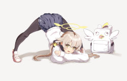 Rule 34 | 1girl, bag, bending, black pantyhose, blue archive, blush, crossed arms, full body, halo, hifumi (blue archive), highres, jack-o&#039; challenge, light brown hair, looking at viewer, low twintails, pantyhose, school uniform, simple background, solo, twintails, white background, yellow eyes