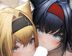 Rule 34 | 2girls, absurdres, animal ears, arknights, black hair, black hairband, blank censor, blaze (arknights), blonde hair, blue eyes, blush, cat ears, cat girl, censored, close-up, cooperative fellatio, cropped, fellatio, green eyes, hair between eyes, hair intakes, hairband, highres, horn (arknights), looking at viewer, multiple girls, oral, paid reward available, red hairband, tab head, wolf ears, wolf girl