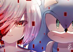 Rule 34 | 1boy, 1girl, animal nose, cang she, closed mouth, expressionless, furry, furry male, green eyes, hair over one eye, looking at viewer, portrait, red hair, sage (sonic), serious, short hair, sonic (series), sonic frontiers, sonic the hedgehog, white hair