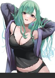Rule 34 | 1girl, arms behind head, arms up, black camisole, black panties, breasts, camisole, earrings, green hair, grey jacket, hair over breasts, hair over one breast, highres, horo 27, jacket, jewelry, lace trim, large breasts, long hair, looking at viewer, panties, parted lips, purple eyes, simple background, smile, solo, spaghetti strap, standing, swept bangs, teeth, underwear, upper body, upper teeth only, virtual youtuber, vspo!, white background, yakumo beni