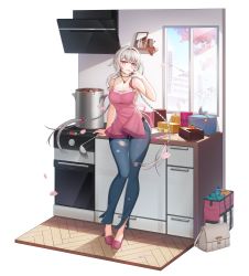 Rule 34 | 1girl, absurdres, administrator (counter:side), alex (counter:side), apron, bento, braid, cooking pot, counter:side, day, grey hair, hand up, highres, holding, holding ladle, indoors, kitchen, ladle, long hair, looking at viewer, machine-g.a.p., official art, pants, petals, picture frame, pink apron, red eyes, sleeveless, sleeveless sweater, solo, sweater, transparent background, window