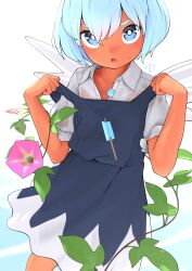 Rule 34 | 1girl, black dress, blue eyes, blue hair, cirno, commentary request, dress, flower, food, highres, huxiao (mistlakefront), ice, ice wings, open mouth, plant, popsicle, see-through, see-through silhouette, shirt, signature, solo, sweat, tan, tanned cirno, touhou, unbuttoned, unbuttoned shirt, v-shaped eyebrows, vines, wet, wet clothes, wet shirt, white shirt, wings
