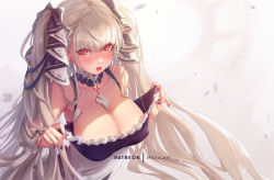 Rule 34 | azur lane, bad id, bad pixiv id, bare shoulders, between breasts, black nails, blush, breasts, cleavage, clothes pull, dress, dress pull, formidable (azur lane), frilled dress, frills, hair ribbon, large breasts, long hair, mitsu (mitsu art), nail polish, open mouth, platinum blonde hair, red eyes, ribbon, solo, twintails, two-tone dress, two-tone ribbon, upper body, very long hair