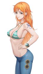 Rule 34 | 1girl, absurdres, breasts, denim, highres, jeans, large breasts, long hair, nami (one piece), one piece, orange hair, pants, solo