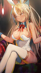 Rule 34 | 1girl, adapted costume, animal ears, bare shoulders, blonde hair, bow, bowtie, breasts, cleavage, crossed legs, dark-skinned female, dark skin, detached collar, elf, fake animal ears, hair bow, high ponytail, highleg, highleg leotard, highres, hololive, indoors, large breasts, leotard, long hair, looking to the side, maru-chan niko, multicolored hair, orange eyes, playboy bunny, pointy ears, rabbit ears, rabbit tail, red bow, red bowtie, shiranui flare, shiranui flare (1st costume), shrugging, sidelocks, sitting, smile, solo, strapless, strapless leotard, streaked hair, tail, thighhighs, virtual youtuber, w arms, white leotard, white thighhighs, wing collar