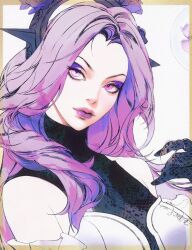 Rule 34 | 1girl, black gloves, border, closed mouth, commentary, detached sleeves, eyeshadow, flower, gloves, highres, jian tai (cuoyu0), league of legends, lipstick, long hair, looking at viewer, makeup, orange border, parted bangs, purple eyes, purple eyeshadow, purple flower, purple hair, purple lips, signature, simple background, solo, syndra, upper body, white background, withered rose syndra