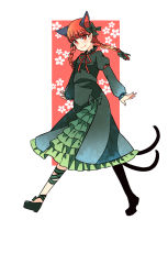 Rule 34 | 1girl, :3, animal ears, bow, bowtie, braid, cat ears, cat tail, dress, extra ears, fang, fang out, floral background, floral print, flower, frills, green bow, green dress, haya taro pochi, juliet sleeves, kaenbyou rin, leg ribbon, long sleeves, mary janes, multiple tails, nekomata, pointy ears, puffy sleeves, red bow, red bowtie, red eyes, red hair, ribbon, shoes, simple background, smile, solo, tail, touhou, twin braids, two tails