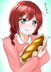 Rule 34 | 1girl, aqua eyes, artist name, artist request, blue eyes, blush, braid, bread, bread bun, breasts, brown hair, check translation, close-up, collared shirt, commentary request, emma verde, female focus, food, freckles, hair between eyes, hair tie, highres, long hair, long sleeves, looking at viewer, love live!, love live! nijigasaki high school idol club, nail, nail polish, parted lips, pink nails, pink shirt, red hair, shirt, smile, solo, translated, translation request, twin braids, twintails