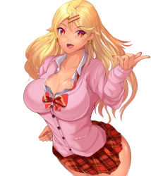 Rule 34 | 1girl, amaryllis gumi, blonde hair, blush, bow, bowtie, breasts, brown eyes, cardigan, cleavage, collarbone, dress shirt, earrings, hair ornament, hairclip, hip focus, jewelry, koucha maru, large breasts, long hair, looking at viewer, nail polish, open cardigan, open clothes, open mouth, ouga saki, plaid, plaid skirt, shirt, skirt, smile, solo, sweater, swept bangs, tan, thighs, underwear, virtual youtuber